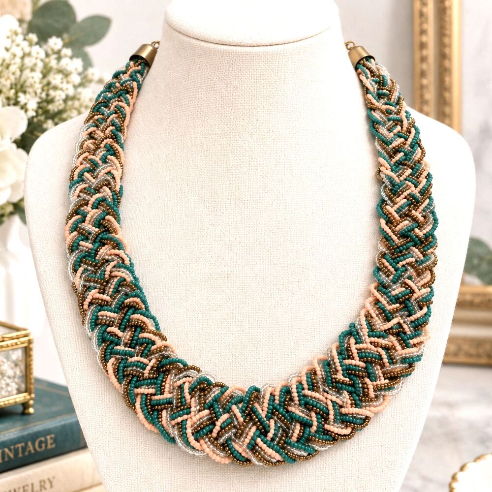 Vintage Boho Braided Seed Bead Statement Necklace Peach Green Gold Silver 32"